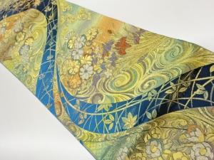 菊に菖蒲・流水模様織出し全通袋帯